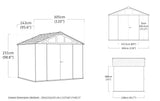 Diagrama con las medidas del cobertizo de jardín Keter Summit, vista frontal, lateral y superior con dimensiones en cm y
