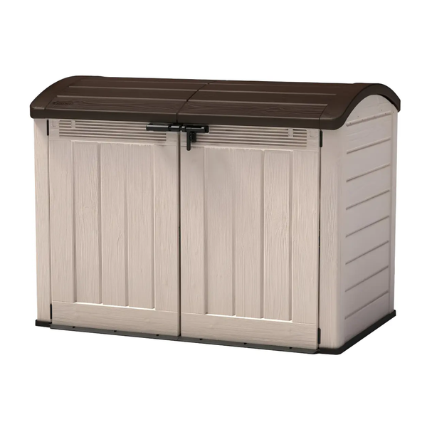 Cobertizo de almacenamiento de plástico beige con puertas frontales y tapa superior marrón, vista frontal