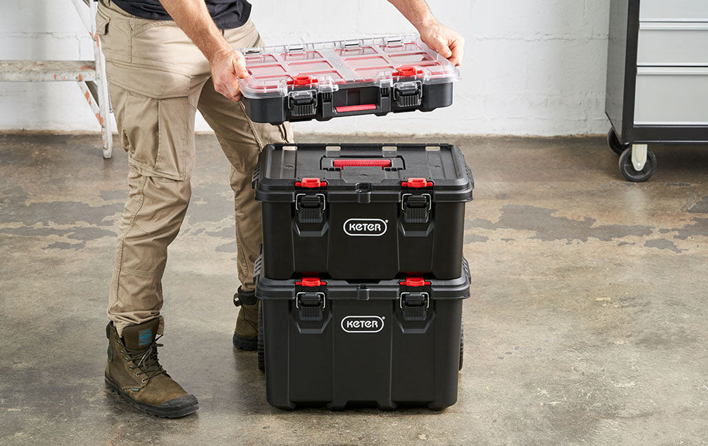Carro de Herramientas Keter Stack-N-Roll – Caja y Organizador, 3 Piezas