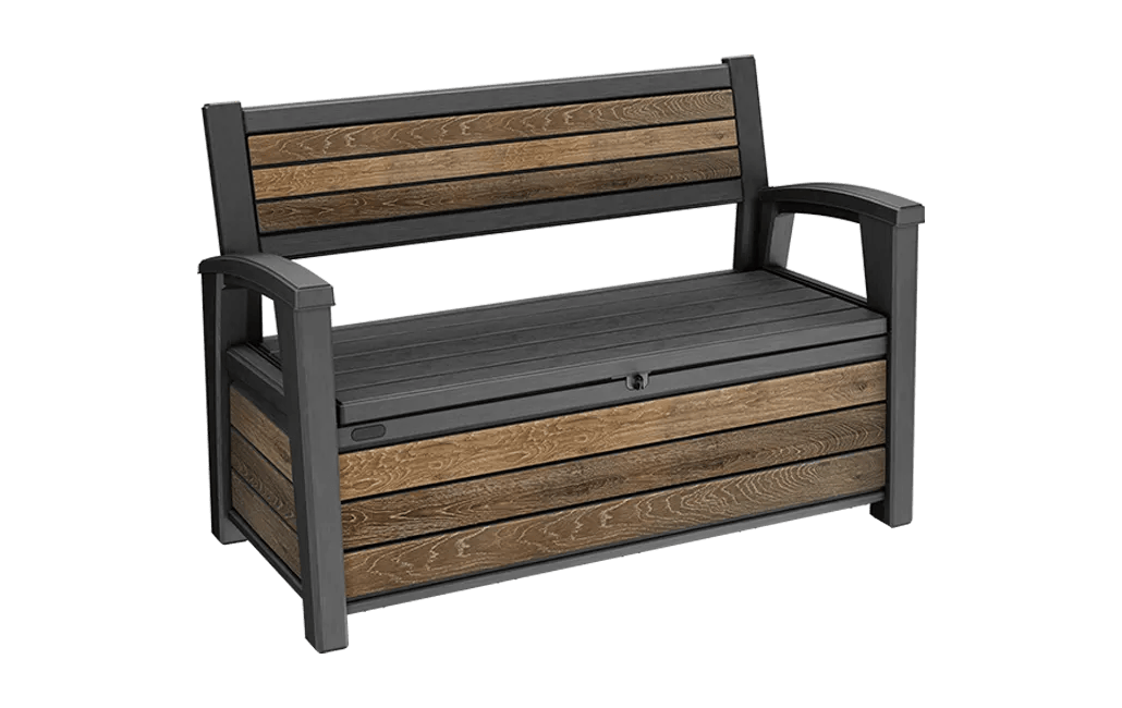 Banco de jardin con almacenamiento Keter Signature color nogal con estructura gris