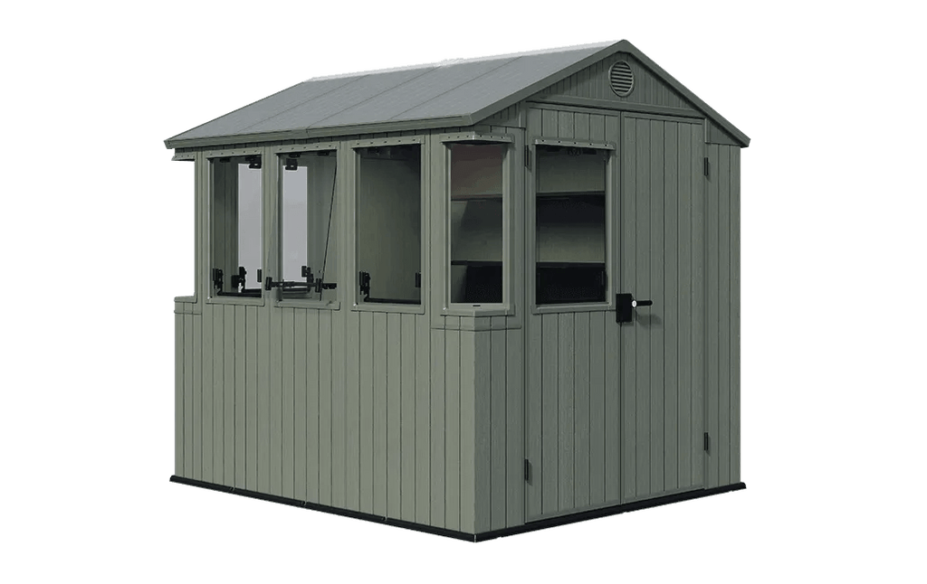 Cobertizo de jardineria Keter Darwin 6x8 verde con ventanas abatibles