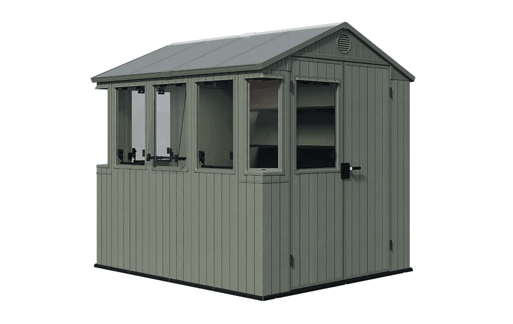 Cobertizo de jardineria Keter Darwin 6x8 verde con ventanas abatibles