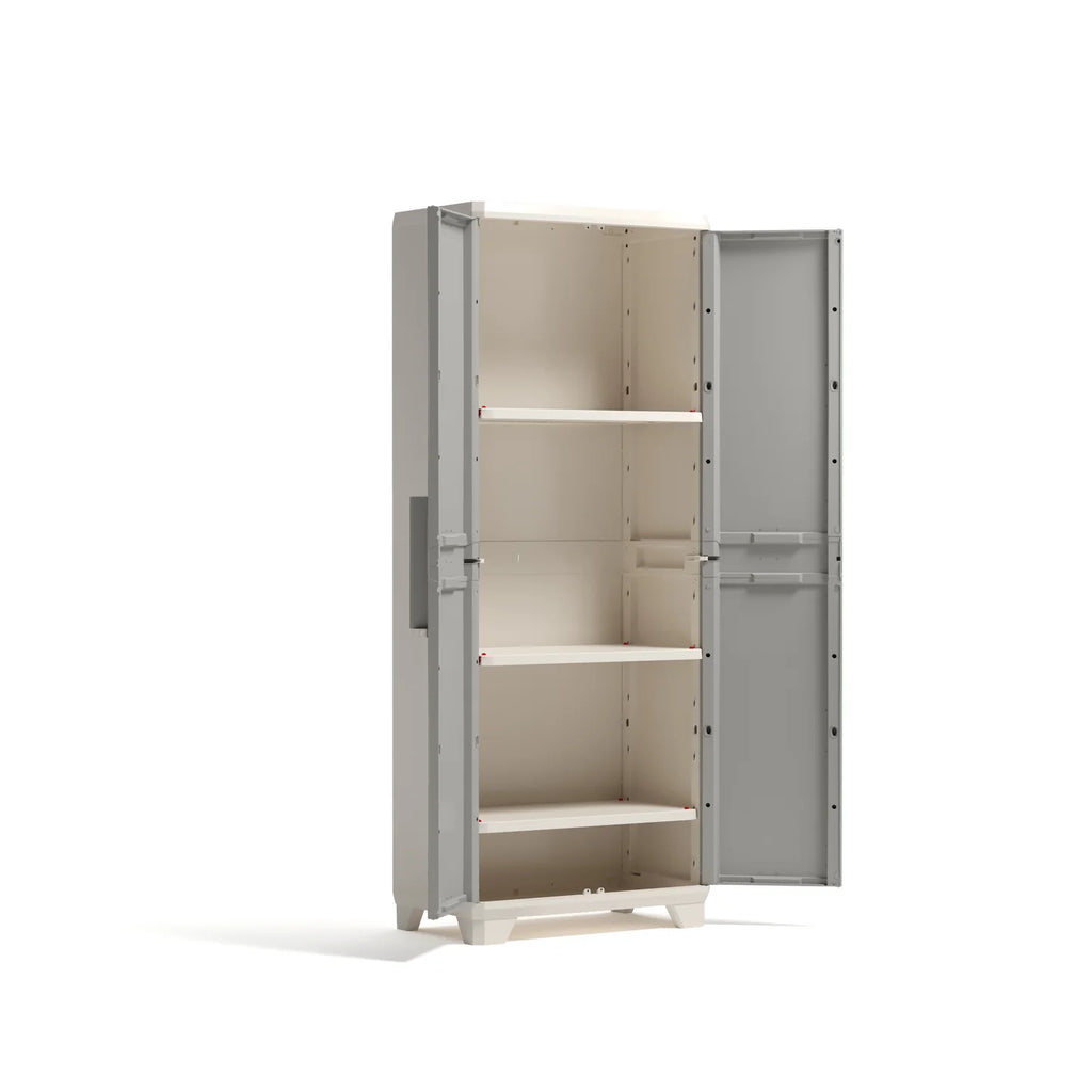 Armario alto de resina gris y beige con cuatro estantes, puertas abiertas, vista frontal ligeramente ladeada