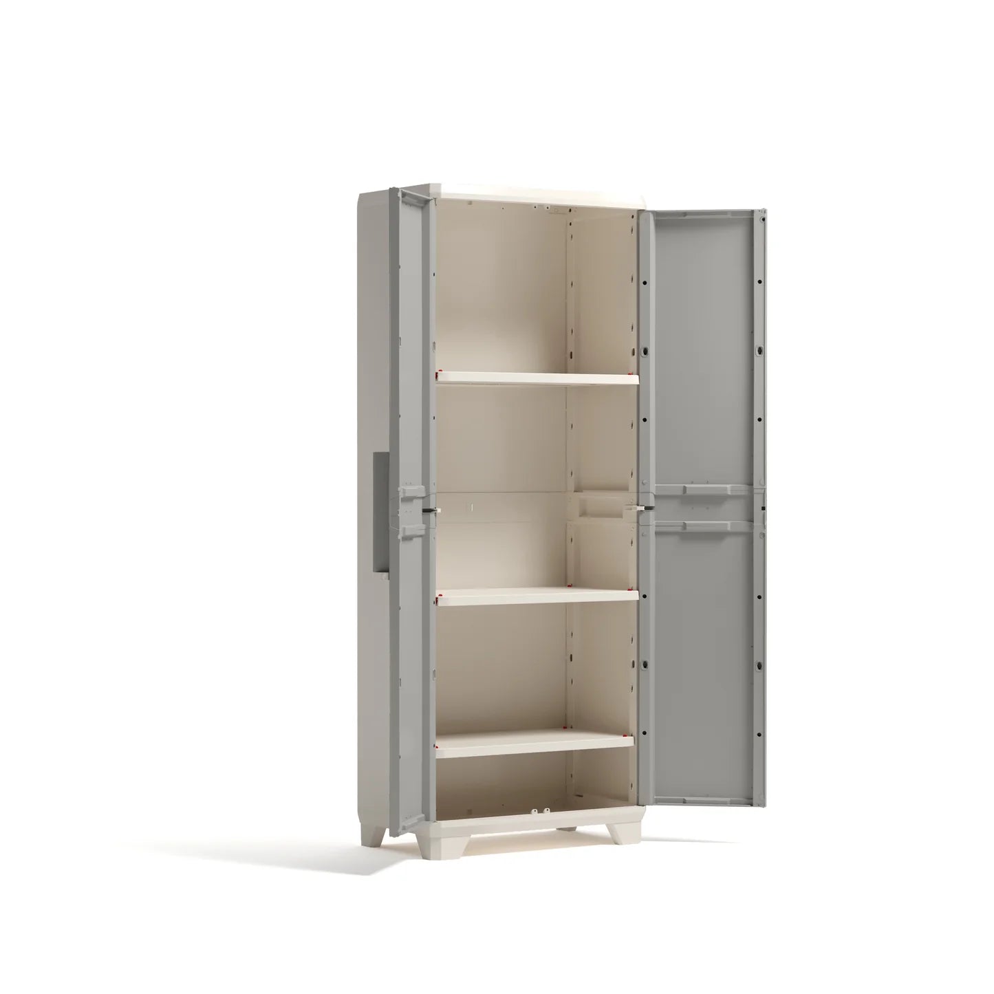 Armario alto de resina gris y beige con cuatro estantes, puertas abiertas, vista frontal ligeramente ladeada