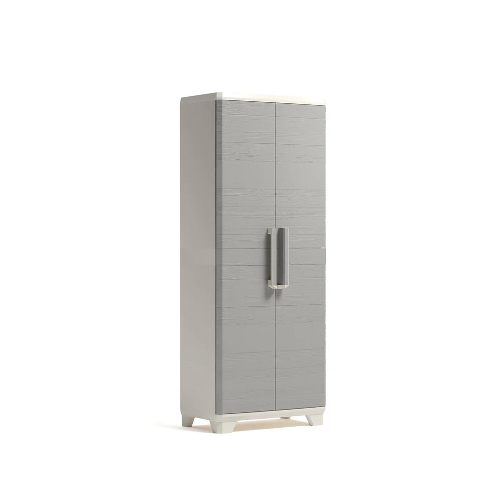 Armario alto de resina gris y blanco con textura de madera, vista frontal