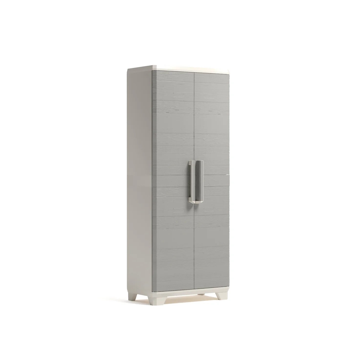 Armario alto de resina gris y blanco con textura de madera, vista frontal