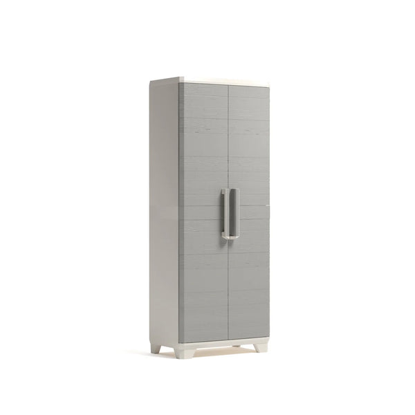 Armario alto de resina gris y blanco con textura de madera, vista frontal