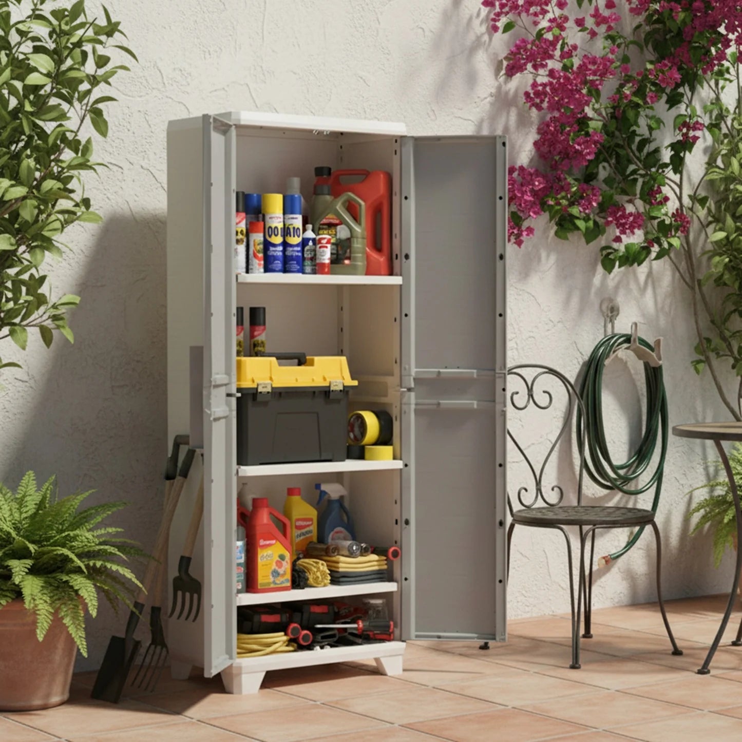 Armario gris de resina con puertas abiertas, mostrando estantes con herramientas y productos, en una terraza