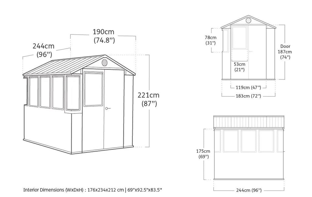 Plano con las medidas del cobertizo Keter Darwin 6x8: 190 x 244 x 221 cm