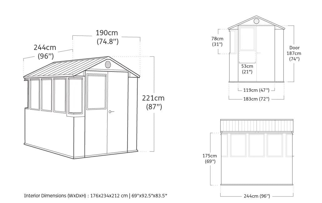 Plano con las medidas del cobertizo Keter Darwin 6x8: 190 x 244 x 221 cm