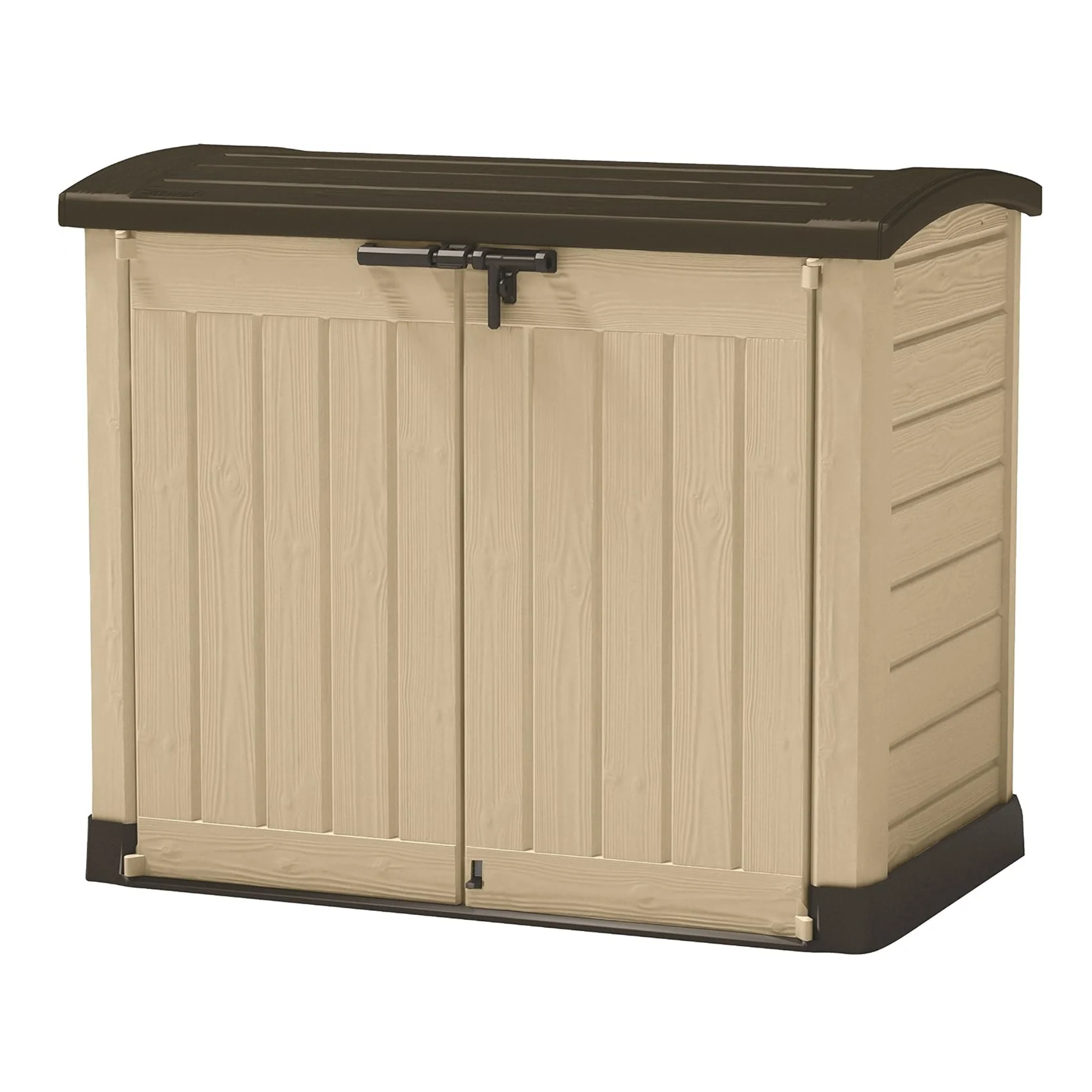 Baúl de jardín de plástico beige y marrón oscuro, con textura de madera, vista frontal