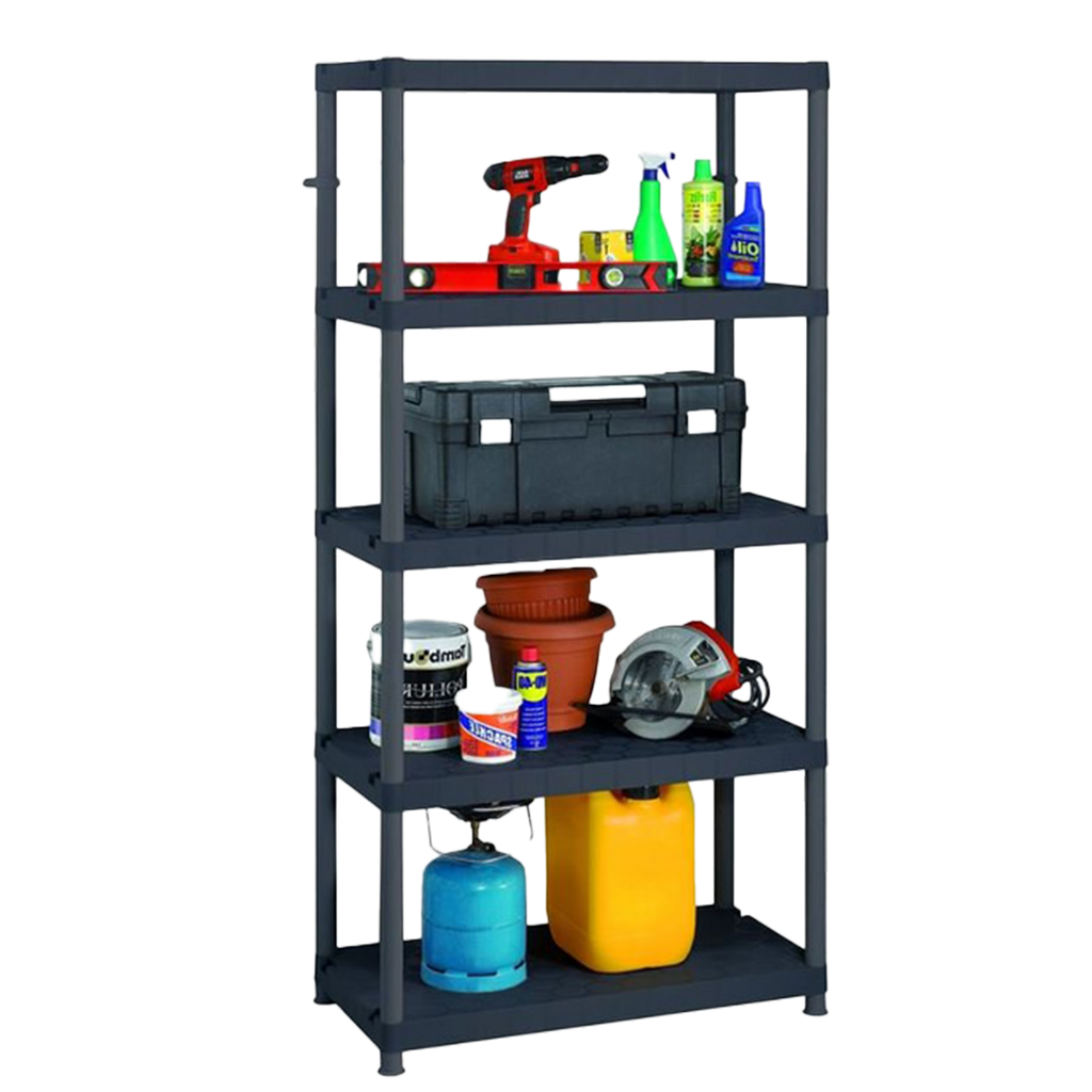 Estanteria Keter Sigma de 5 niveles cargada con herramientas, pintura y articulos de garaje