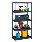 Estanteria Keter Sigma de 5 niveles cargada con herramientas, pintura y articulos de garaje