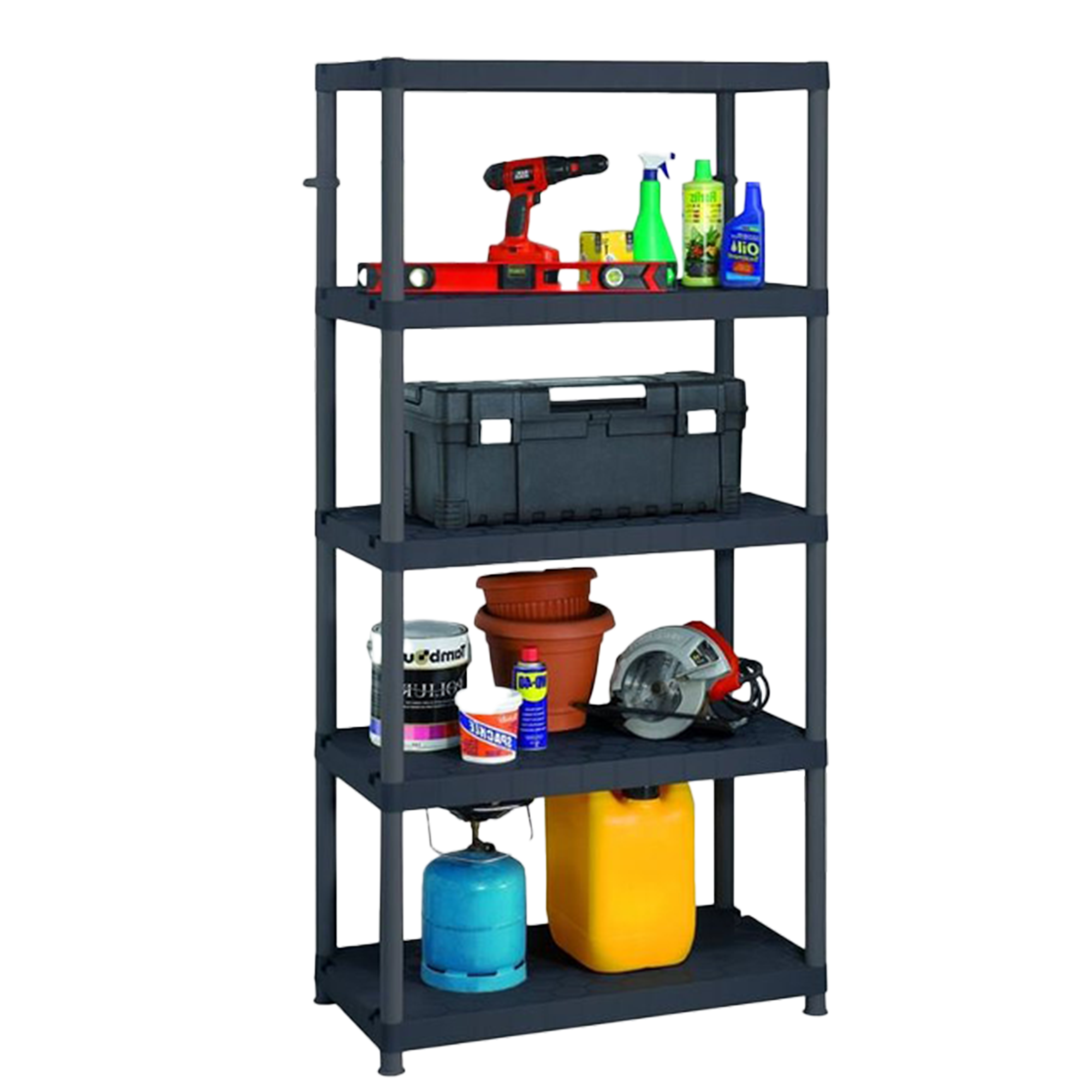 Estanteria Keter Sigma de 5 niveles cargada con herramientas, pintura y articulos de garaje