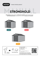 Diagrama con tres cobertizos de jardín grises de diferentes tamaños, con puertas dobles frontales